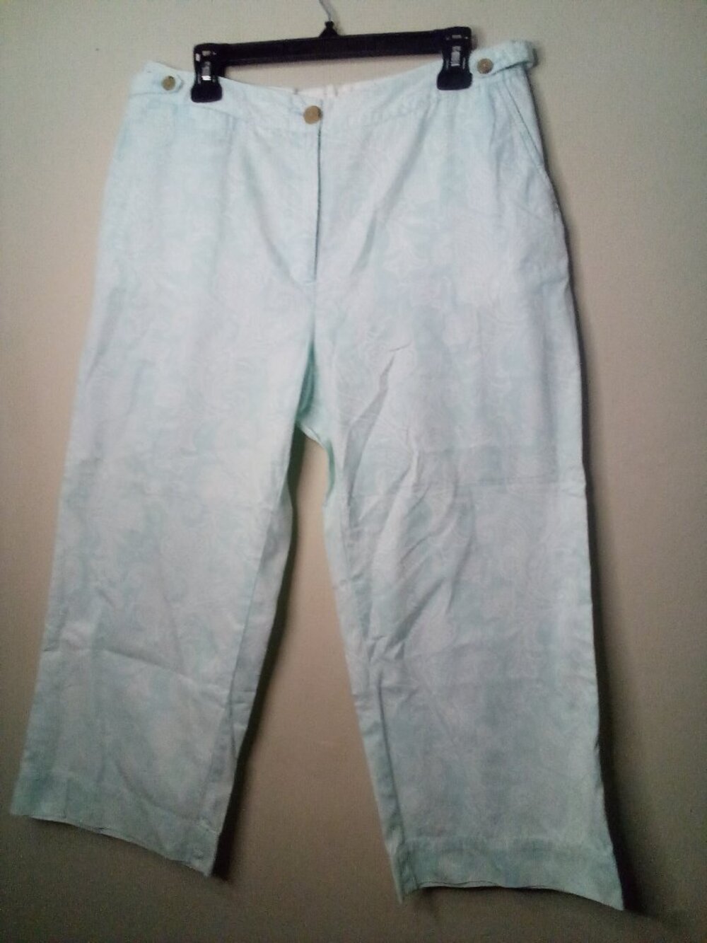 Lands' End Cropped Pants Women 12 Paisley Print Light Green Wide Leg Cotton